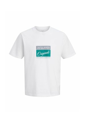 T-shirt bianca a maniche corte con logo "JACK & JONES Originals" in grigio e turchese sul petto.