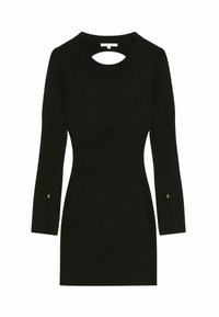 Svart ribbad klänning med rund halsringning och utstansad rygg, med trekvartslånga ärmar och guldaccentdetaljer vid ärmsluten.