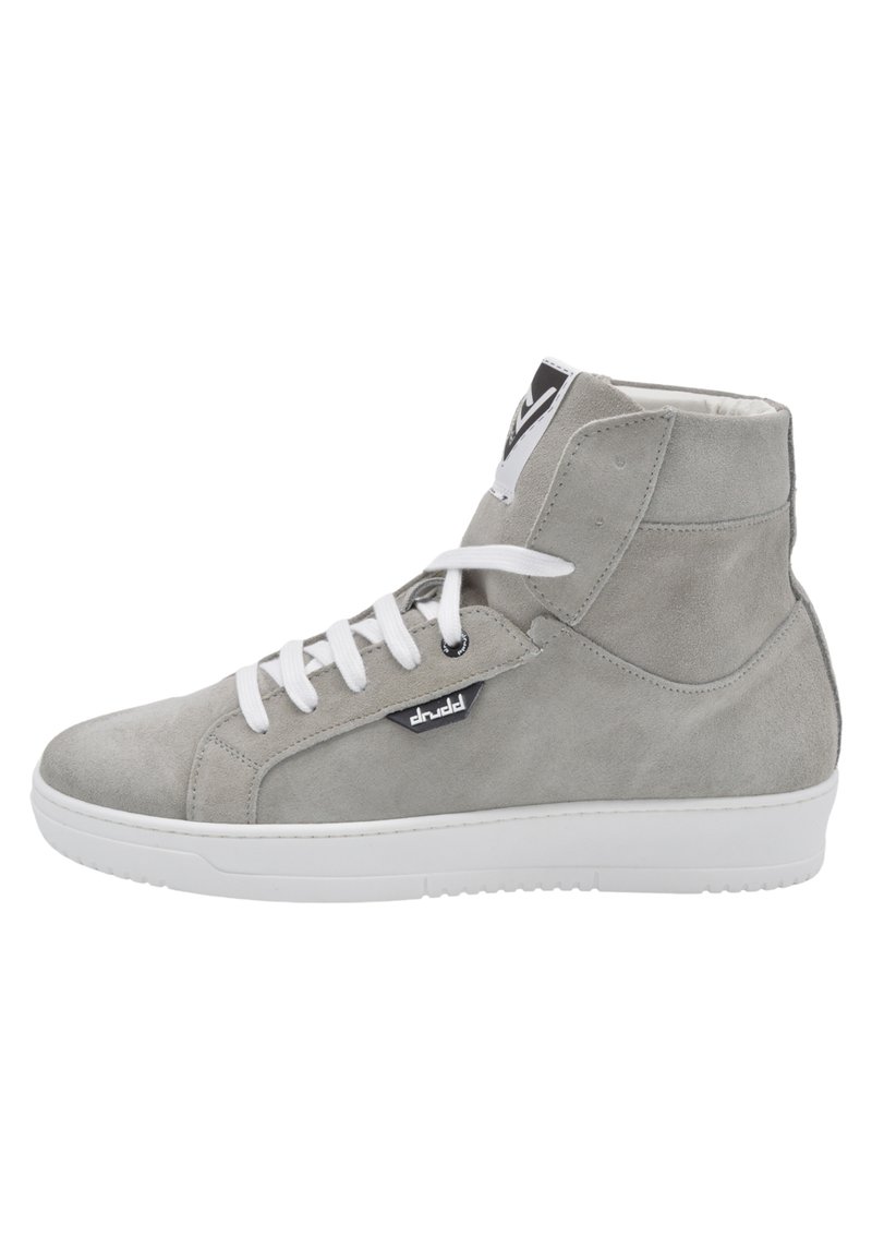High-top sneakers in light gray suede with white laces and a white rubber sole. Features a black logo and padded collar for comfort.