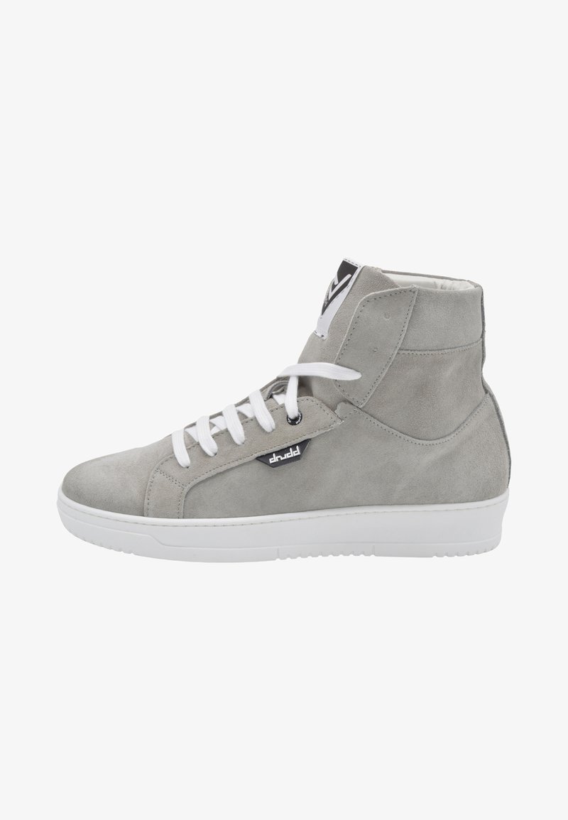 High-top sneakers in light gray suede with white laces and a white rubber sole. Features a black logo and padded collar for comfort.