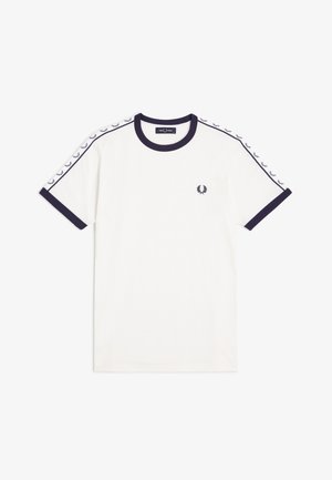 Wit T-shirt met korte mouwen, navy kraag en mouwboorden, laurierlogo op de borst en laurierpatroon langs de schouderstrepen.