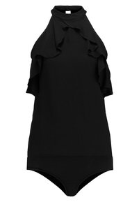 Schwarzes Halterneck-Bikini mit Rüschen an den Schultern, einfarbig und eng anliegend. Hergestellt aus einem glatten, elastischen Stoff.