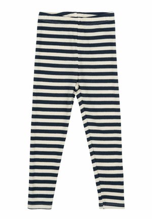 Black and white striped leggings made of ribbed fabric. Features a comfortable elastic waistband and fitted tapered design.