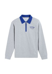 Grijze sweatshirt met een blauwe kraag, halve ritssluiting en een klein blauw gedrukt logo. Gemaakt van katoen, met lange mouwen en geribde zoom.