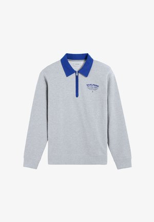 Grau Sweatshirt mit blauer Kragen, halbem Reißverschluss und kleinem blauen Drucklogo. Aus Baumwolle gefertigt, mit langen Ärmeln und geripptem Saum.