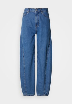 Blauwe spijkerbroek met een losse pasvorm, voorzien van een hoge taille, twee voorzakken en een rechte pijp. Gestikte details langs de naden.