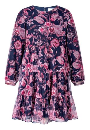 Sukienka w kwiaty z długimi rękawami, granatowa baza, różowy wzór kwiatowy, warstwowy falbaniasty dół oraz zapięcie z tyłu w formie dziurki na klucz. Wykonana z lekkiego materiału.