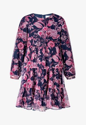 Sukienka w kwiaty z długimi rękawami, granatowa baza, różowy wzór kwiatowy, warstwowy falbaniasty dół oraz zapięcie z tyłu w formie dziurki na klucz. Wykonana z lekkiego materiału.