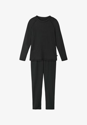 Black long-sleeve top with raglan sleeves and matching pants, made from a soft, smooth material, featuring a relaxed fit and minimalist design.