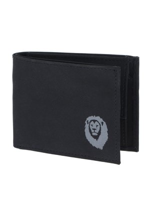 Portefeuille noir plié avec un logo tête de lion brodé en gris sur le coin avant.