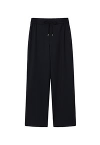 Pantalon noir à jambes larges avec taille élastique et cordon de serrage, doté de poches latérales, présenté sur un fond blanc.