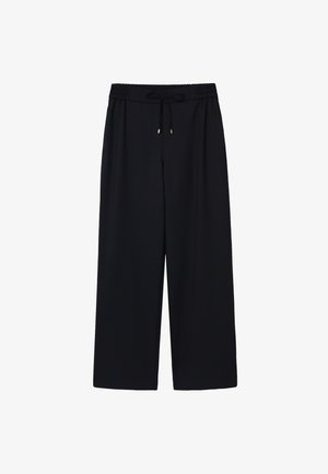 Sorte bukser med vide ben, elastisk talje og snøre, med sidelommer, vist på hvid baggrund.