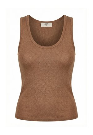 Débardeur marron en maille sans manches avec encolure dégagée et taille ajustée, étiquette de marque à l'intérieur du col.