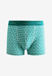 Türkise Boxershorts mit einem wiederholten Seepferdchen-Muster, elastischem Bund mit 'Next Signature' in Gold, aus Baumwollmaterial und glatter Textur.