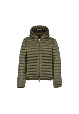 Veste matelassée vert olive avec capuche, design en losanges, rayures verticales, fermeture éclair à l'avant et tirette contrastante orange.