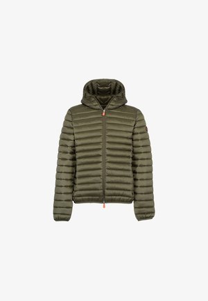 Veste matelassée vert olive avec capuche, design en losanges, rayures verticales, fermeture éclair à l'avant et tirette contrastante orange.