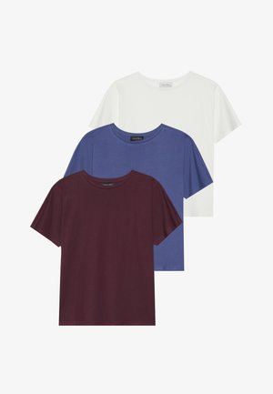 Trys trumpų rankovių marškinėliai bordo, mėlynos ir baltos spalvų. Pagaminti iš medvilnės, su apvaliu kaklu ir laisvu siluetu, be raštų.