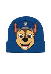 Blauwe gebreide beanie met een karakterontwerp van een grote bruine en witte hond die een blauwe politiepet met een badge draagt.