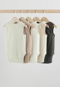 Five sleeveless ribbed bodysuits on wooden hangers, in beige, light brown, cream, taupe, and dark grey. Cotton material, smooth texture.