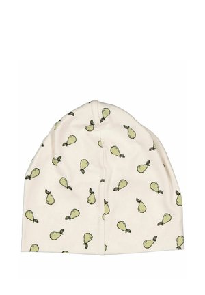 Hvid blød stofhat med gentagne små grønne pæreillustrationer spredt over overfladen.