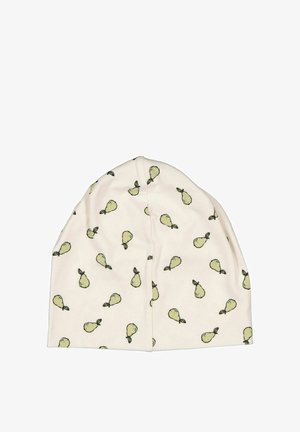 Hvid blød stofhat med gentagne små grønne pæreillustrationer spredt over overfladen.