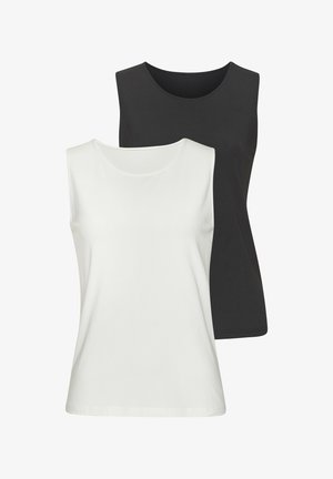 Due magliette senza maniche, con scollo rotondo, in nero e bianco, realizzate in un tessuto morbido e elasticizzato, con una superficie liscia e senza motivi visibili.