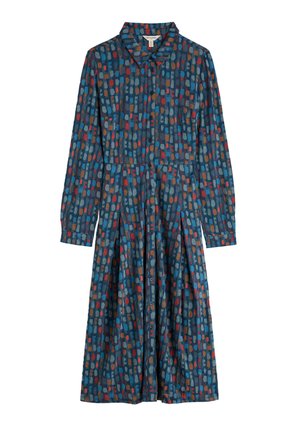 Košeľové šaty s dlhým rukávom a golierom, s multicolor abstraktným vzorom štetca na tmavomodrom podklade.