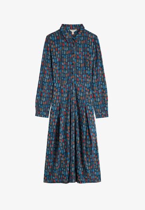 Vestido de manga larga con botones y cuello, que presenta un patrón abstracto de pinceladas multicolores sobre un fondo azul oscuro.