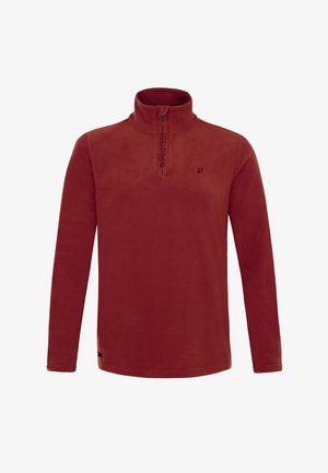 Rode fleece pullover met een halve rits kraag, voorzien van een textuur en een klein logo op de borst. Lange mouwen en rechte zoom.