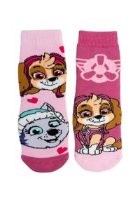 Calze lavorate a maglia con design giocosi; un lato mostra un cane con accenti rosa, l'altro presenta un cane grigio con dettagli blu su uno sfondo rosa.