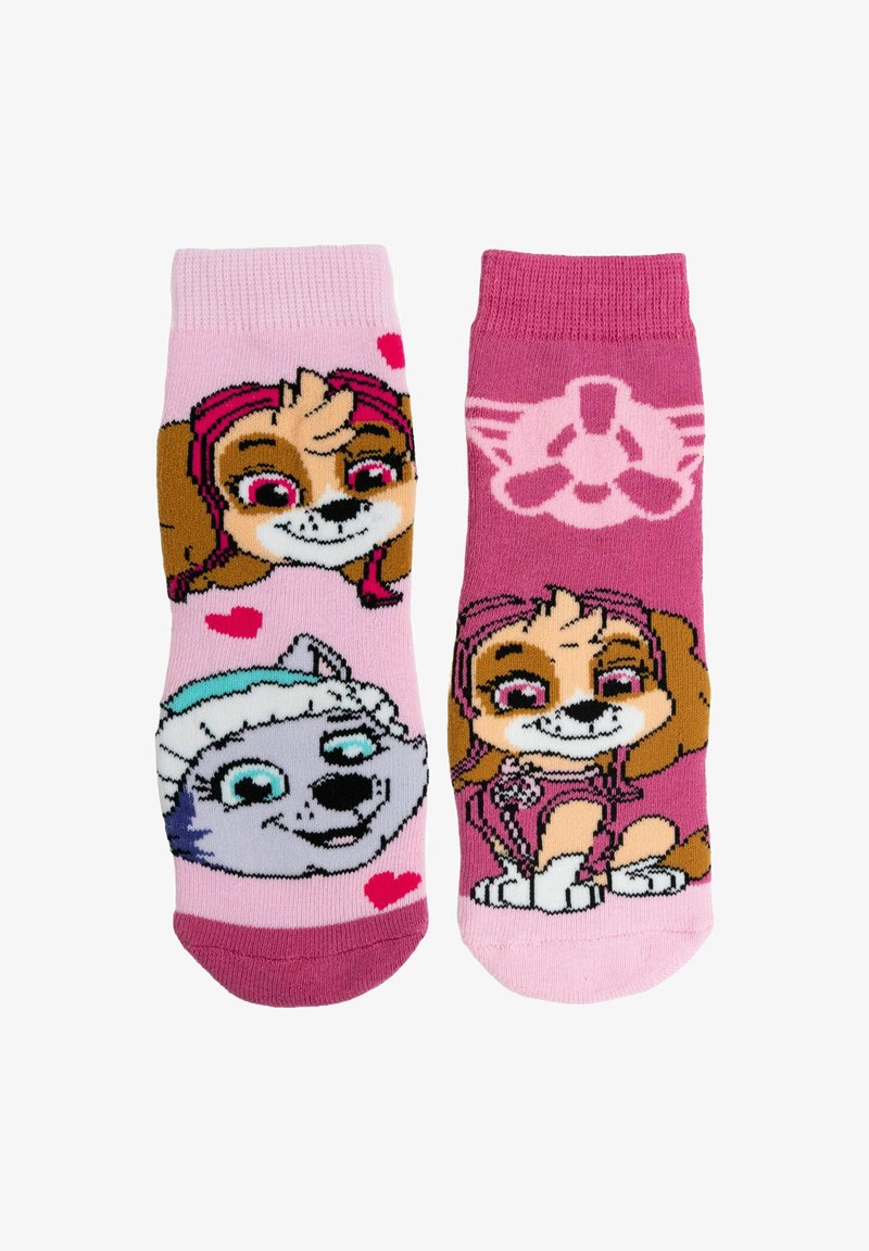 Calze lavorate a maglia con design giocosi; un lato mostra un cane con accenti rosa, l'altro presenta un cane grigio con dettagli blu su uno sfondo rosa.