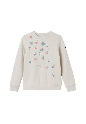 Beige langærmet sweatshirt med broderede pink, blå og gule blomster spredt over fronten. Ribstrikkede manchetter og kant.
