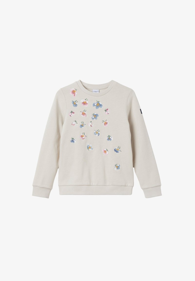 Sweatshirt beige à manches longues avec des fleurs brodées en rose, bleu et jaune dispersées sur le devant. Poignets et ourlet côtelés.