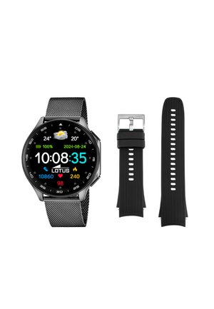 Reloj inteligente con correa de malla metálica que muestra la hora, la fecha, el clima, los pasos, la frecuencia cardíaca y las calorías; junto a él, dos correas de silicona negras intercambiables.
