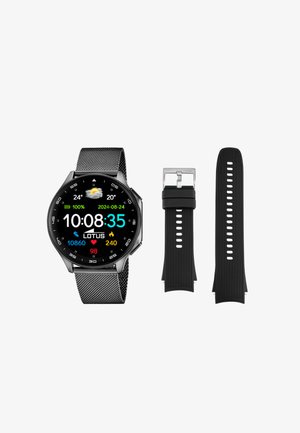 Montre intelligente avec bracelet en maille métallique affichant l'heure, la date, la météo, les pas, la fréquence cardiaque, les calories ; deux bracelets interchangeables en silicone noir à côté.
