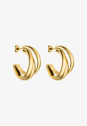 Goldfarbene Hohlschmuckohrringe mit einem gedrehten Design. Besitzen glatte, abgerundete Kanten und sichere Schiebeschließungen. Reflektierende Oberfläche sorgt für Glanz.