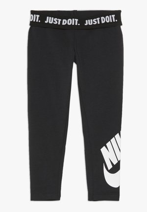 Leggings neri Nike con logo bianco "NIKE" sulla gamba sinistra e fascia in vita nera con scritta bianca "JUST DO IT." ripetuta.