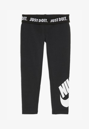 Leggings neri Nike con logo bianco "NIKE" sulla gamba sinistra e fascia in vita nera con scritta bianca "JUST DO IT." ripetuta.