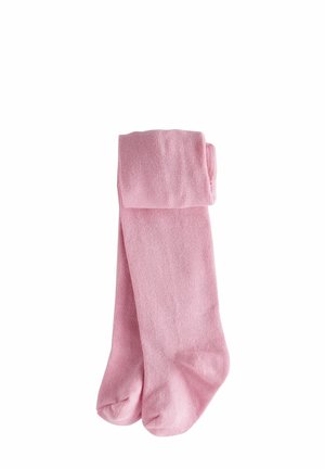 Calze di cotone rosa alte fino al ginocchio con una texture liscia, piegate in cima, caratterizzate da un design semplice senza motivi o accenti visibili.