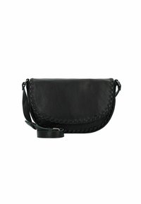 Schwarze Leder-Crossbody-Tasche mit geschwungener Form, geflochtenen Kantenverzierungen und abnehmbarem Trageriemen. Glatte Textur und minimalistisches Design.