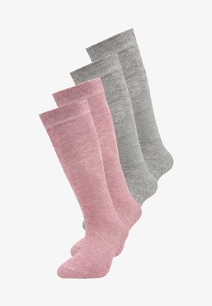 Quatre paires de chaussettes montantes en rose et gris, fabriquées en matériau doux, avec un design en maille côtelée et une texture lisse.