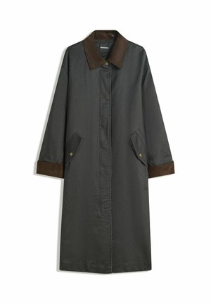 Dark gray coat with a brown corduroy collar, long sleeves, side pockets, and a straight silhouette. Features button detailing at the collar.