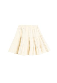 Falda de volantes en beige claro con cintura elástica. Presenta un patrón texturizado a rayas y una silueta acampanada.