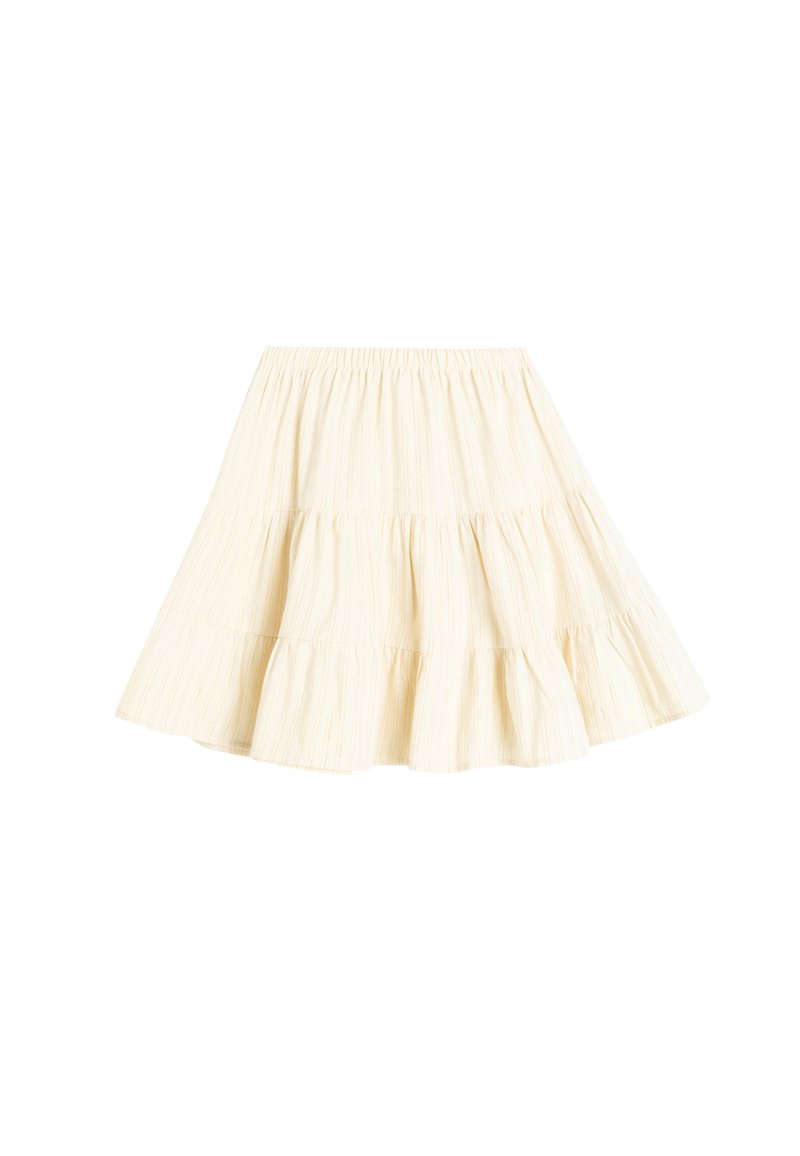 Falda de volantes en beige claro con cintura elástica. Presenta un patrón texturizado a rayas y una silueta acampanada.