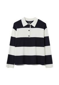 Marineblaue und weiße gestreifte langärmlige Polo-Strickjacke mit Knopfleiste, geripptem Saum und Kragen, aus einem weichen Strickmaterial gefertigt.