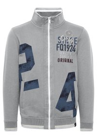 Grau zip-up Jacke aus einem Baumwoll-Mischgewebe. Mit großen blauen Druckzahlen, Textakzenten und gerippten Bündchen mit kontrastierenden Streifen.