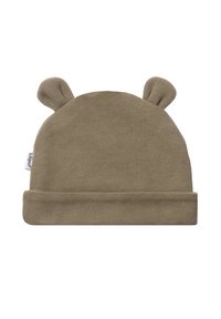 Olivegrüner gestrickter Beanie-Hut mit umgeschlagenem Bund und zwei kleinen, ohrähnlichen Akzenten oben. Weicher Textur und einfaches Design.