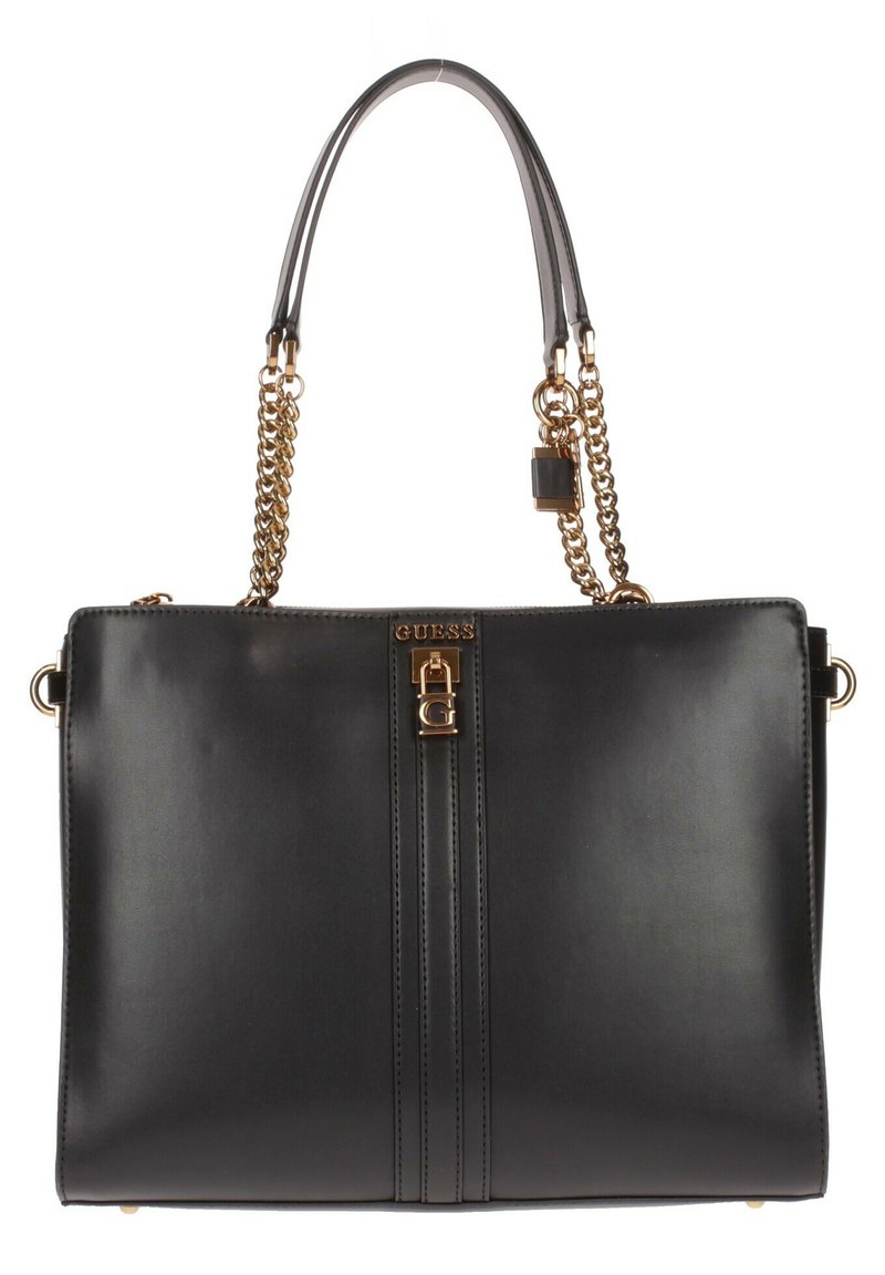 Borsa sintetica nera con catena e dettagli in tono oro. Presenta una cerniera centrale con logo impresso e un design rettangolare strutturato.