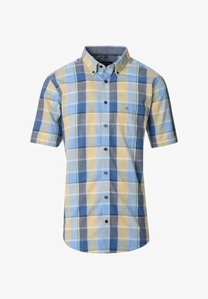 Koszula z krótkim rękawem, zapinana na guziki, w niebieską, żółtą i szaro-skalną kratę, z kieszenią na piersi.