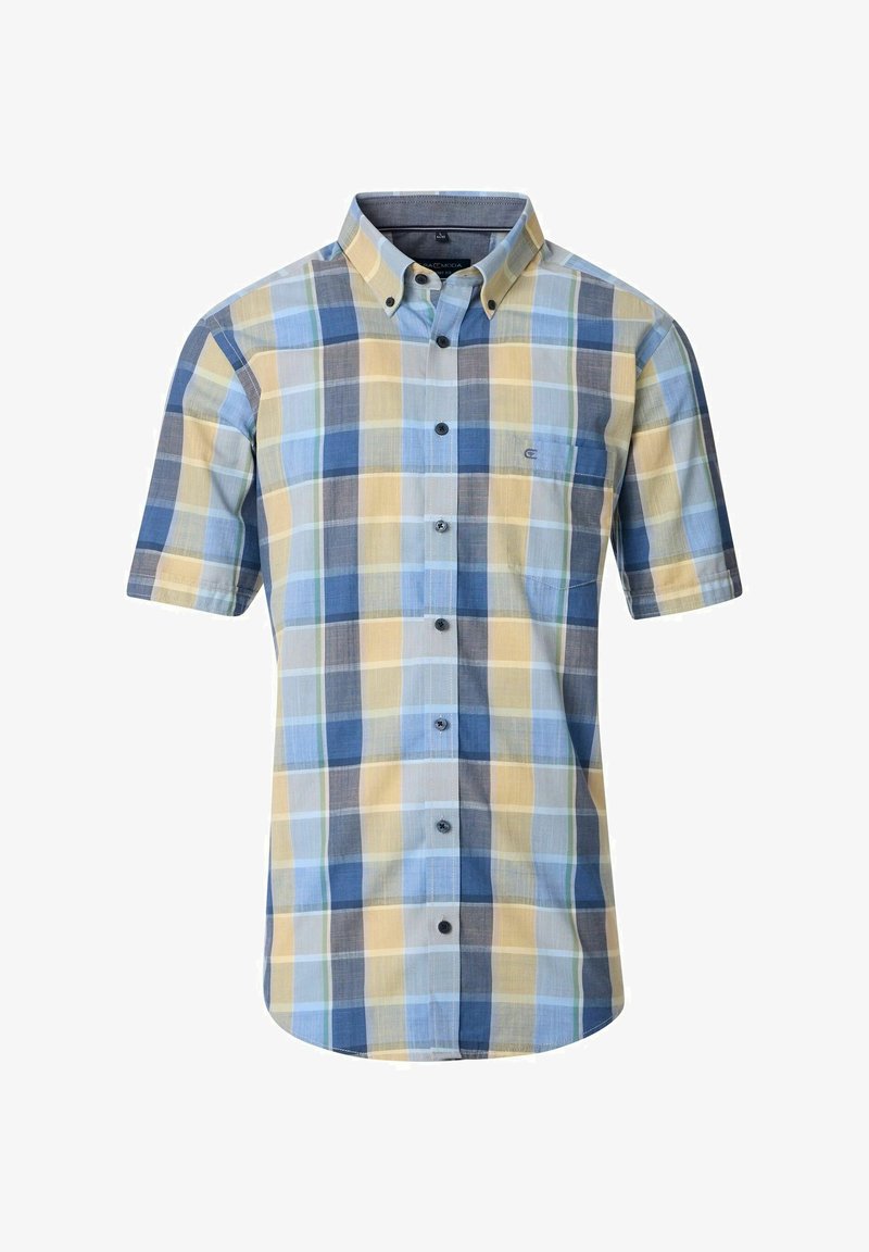 Kurzärmliges Button-Down-Hemd mit blauem, gelbem und grauem Karomuster sowie einer Brusttasche.